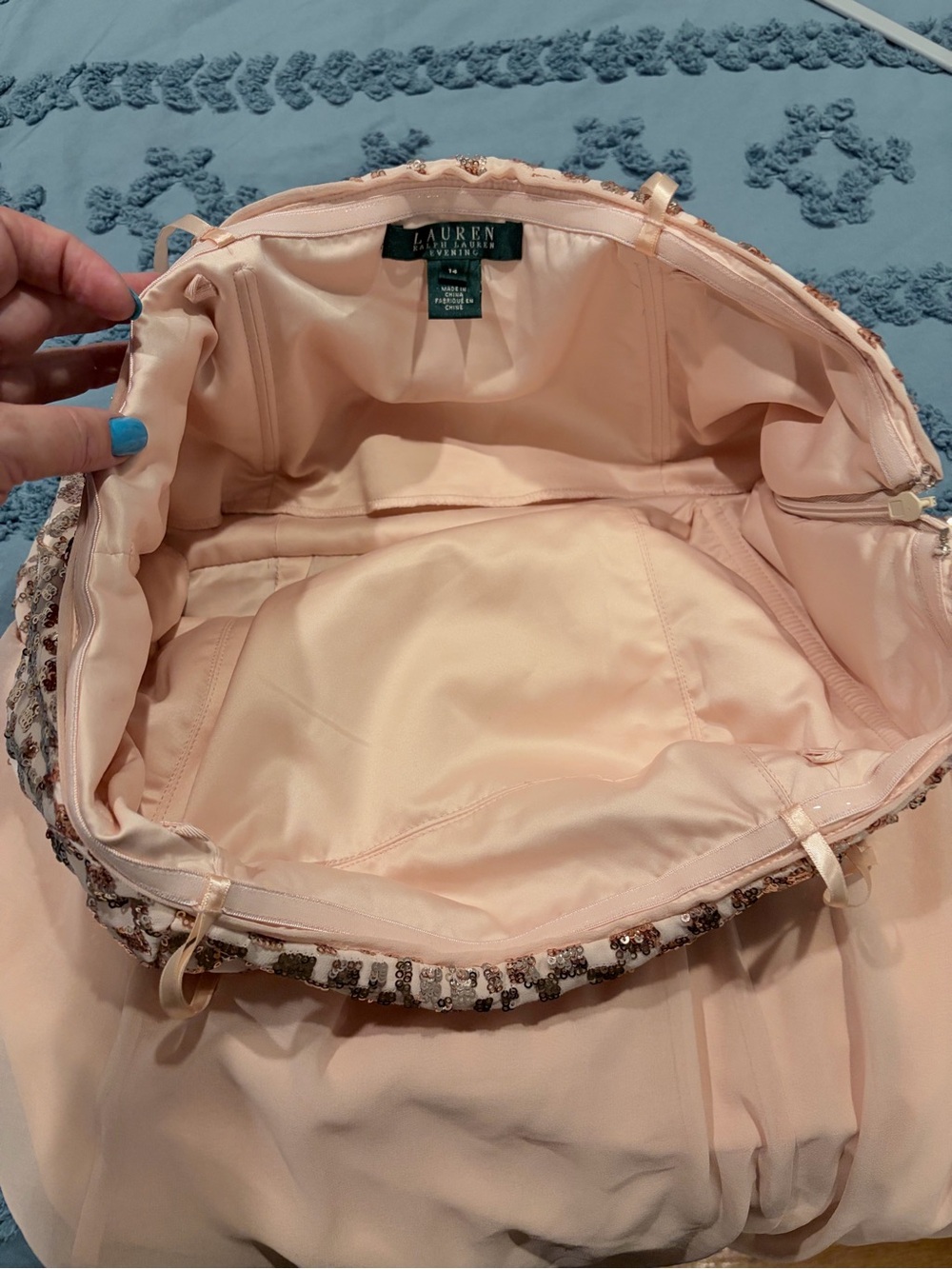 Lauren Ralph Lauren Evening Blush Pink Sequin Chiffon Gown Size 14 - Picture 7 of 11